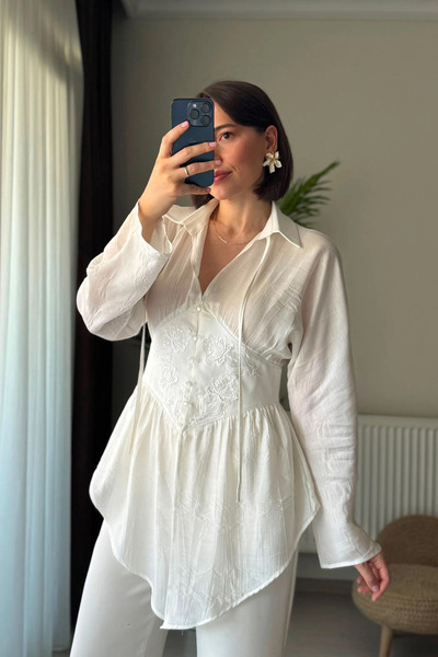 Kubos Moda Ecru Tencel Shirt Tunic with Lace Embroidered Corset