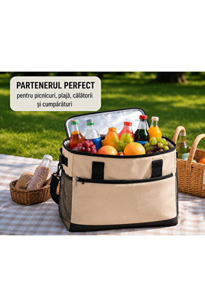 Fabrilux Geantă Frigorifică Termoizolantă 30L, Pliabilă, Curea Reglabilă, Compartimente Multiple, Pentru Picnic, Camping, Plajă și Călătorii, Bej