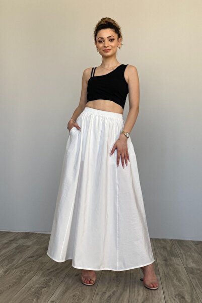 Moda Gülsa Kadın Beli Lastikli Çift Cepli Uzun Etek