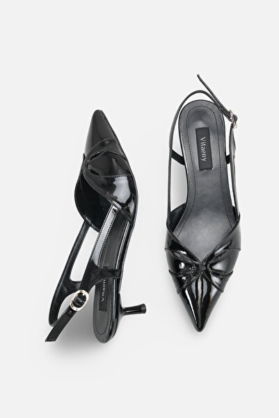 vitaeny Miley Black Patent Leather Pointed Toe Slingback Women's Heeled Shoes