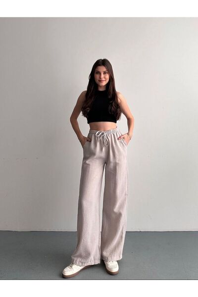 moda rüyası Women's Elastic Waist Lace-Up Linen-Look Loose-Leg Palazzo Trouse...