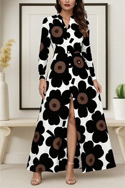 Wear Up Women's Collared Front Buttoned Floral Patterned Long Single Jersey D...