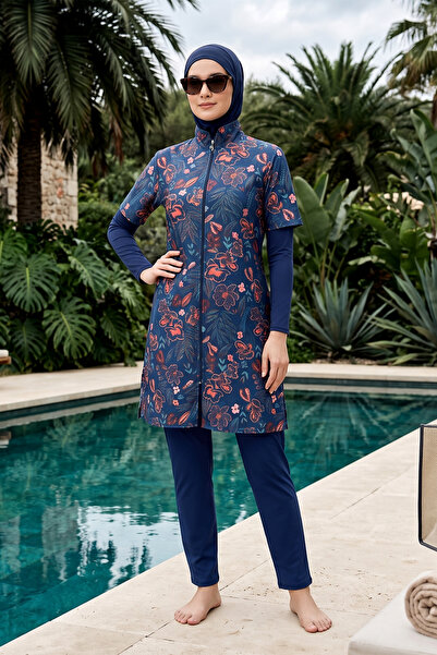 Haliç Mayo Parachute Floral Patterned Full Covered Hijab Swimsuit 803 Indigo