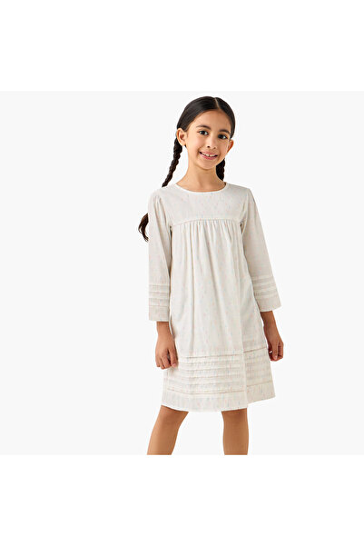 Juniors Cotton Round Neck Long Sleeves Night Dress with Textured Design