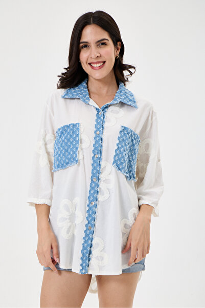 della moor Women's White Italian Floral Embroidered Scalloped Oversize Shirt ...