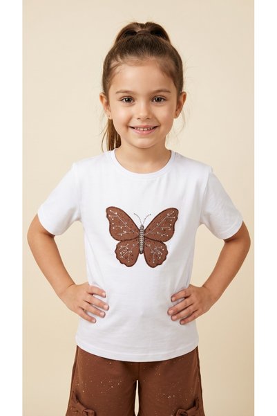 trikomode Round Neck Summer Print Stone Detailed Capri Girls' Top and Bottom Set