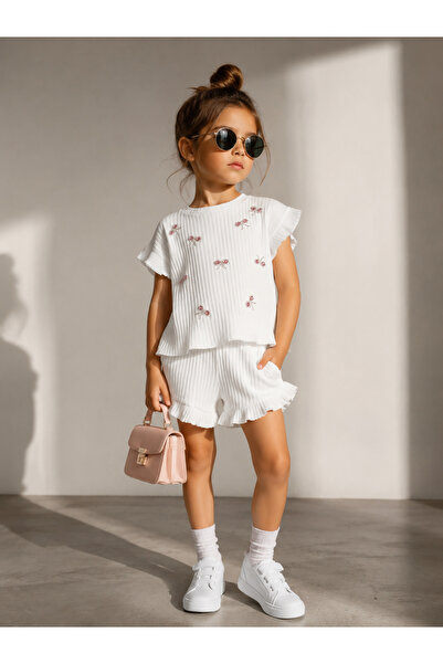 mini kanka Girls Salmon Pastel Tone Floral Embroidery Pleated Ruffle Sleeve T...