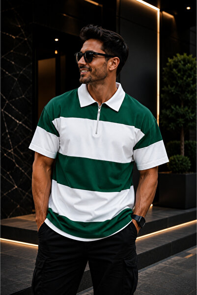 FECCY Unisex Polo Collar Zipper Piece Polo T-Shirt-Black and White Oversize P...