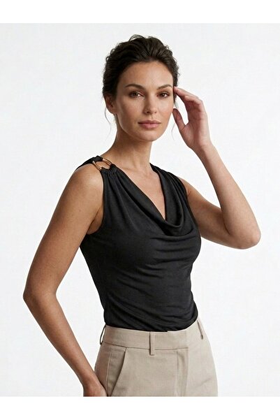 Moda Lounge Blouse with Collar Ring Accessory Detail