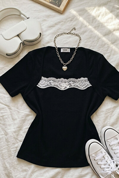 Şiir Lamu Slim Fit Swan Collar Lace and Bow Detail Short Sleeve Top & Blouse ...