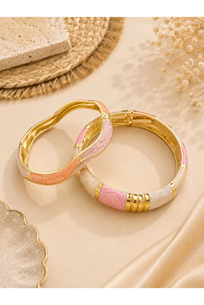 shinora.jewelry Gold Renk Pembe Ekru Mine Detaylı Kelepçe Bileklik Set