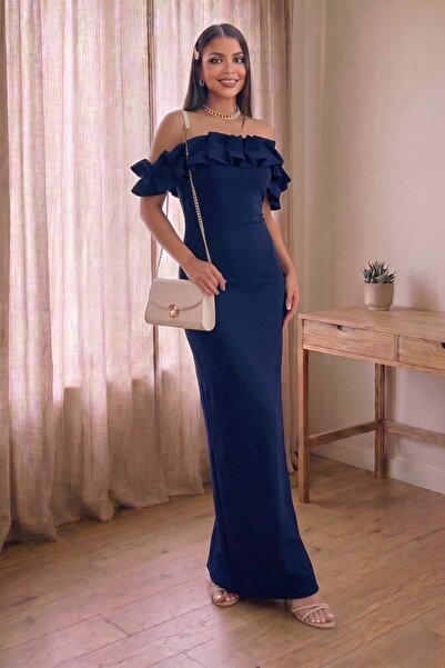 Aysan Moda Staraplez Gathered Filled Full Lycra Event Dress with Low-Cut Detail