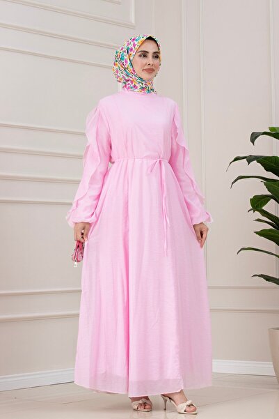 Sevitli Simay Dress with Ruffle Detail on the Sleeves-Pink