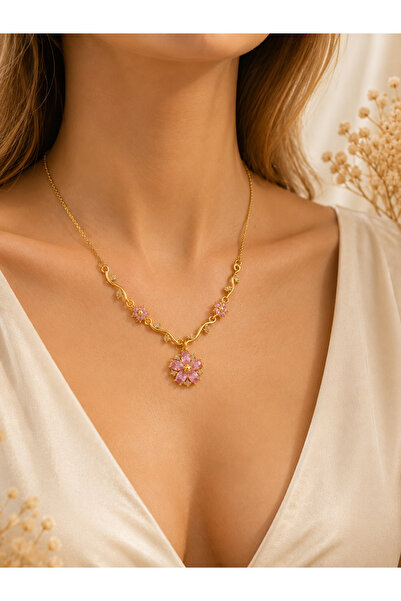 Lilith Takı Gold Color Pink Flower Stone Detailed Women's Necklace |   Elegan...