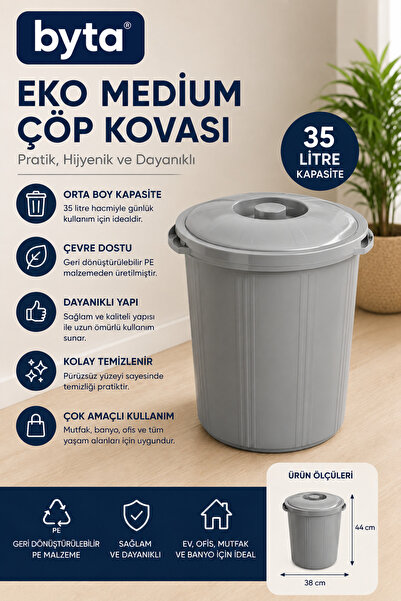 BYTA 35 Liter Eco Medium Plastic Trash Can with Lid, Gray |   Durable Multi-P...