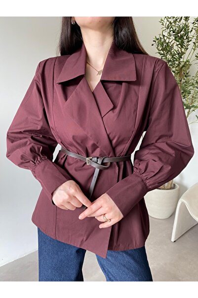 Bade Butik Burgundy Double-Breasted Collared Belted Shirt