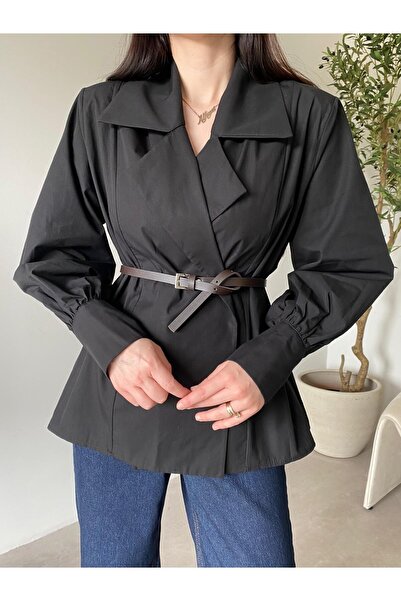 Bade Butik Black Double-Breasted Collared Belted Shirt