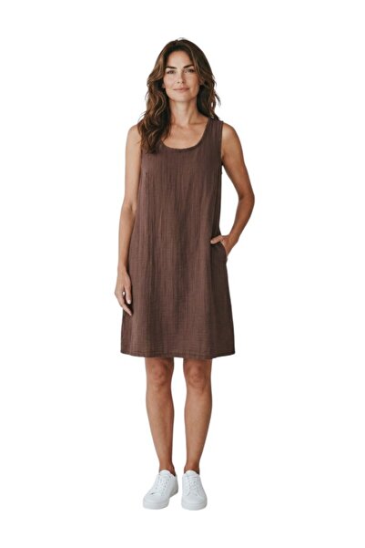 MODA Women's Muslin Linen Sleeveless Above-Knee Dress with Side Pockets Comfo...