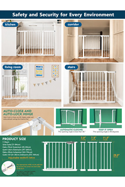 urevo Auto Close Safety Baby Gate, Extra Wide Child Gate 75-84 cm + 10cm Exte...