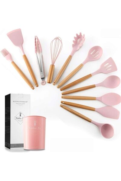 XIUWOO 11-Piece Silicone Non-Stick Barreled Cooking Utensil Set Pink/Beige/Si...
