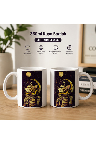 ibrahimdip Astronot Kedi Baskılı 330 ml Seramik Kupa Bardak | Çift Taraflı Ba...