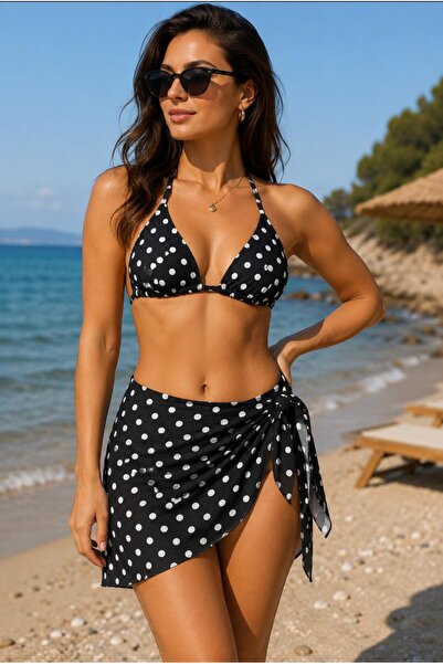 marevia mayo Puantiyeli Üç Parça Etekli Üçgen Bikini
