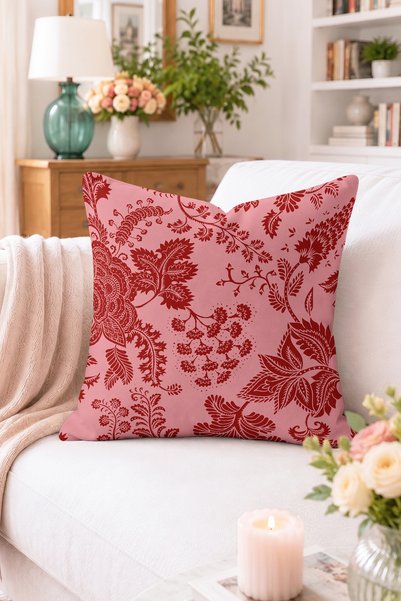 Home Kırmızı Çiçek Motifli Kırlent Kılıfı - Vintage Dekoratif Yastık Kılıfı