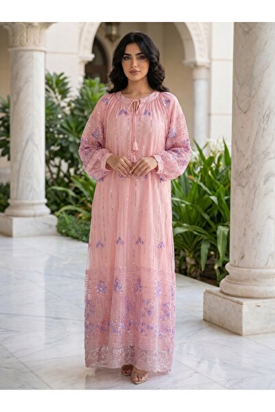 Finelook Elegant Sequined Floral Kaftan Jalabiya | Modest Maxi Dress in Pink