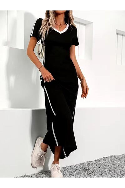stelol Women's Short Sleeve V-Neck Viscose Long Dress with Side Stripe Detail
