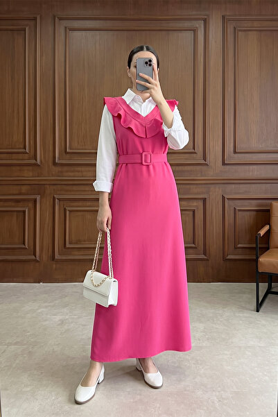 MODAQU V-Neck Belted Long Jile Hijab Dress – Fuchsia