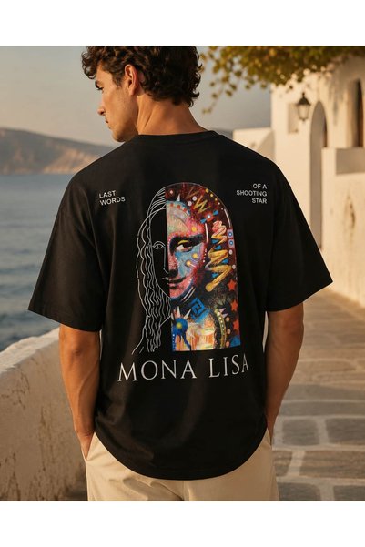 CANMODA Siyah Mona Lisa Baskılı Oversize Sırt Baskılı %100 Pamuk Tişört