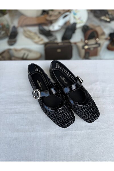 SUFİ Straw Textured Strappy Mary Jane Ballerina Shoes