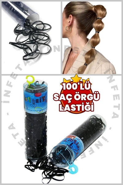 İnfeta 100'lü Perma Saç Lastiği Siyah Örgü Tokası Ultra Esnek Kopmaz Tüp Kutu...