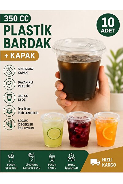 Kitchen Beauty 10 Adet 350 cc Kapaklı Sert Plastik Bardak Pet Bardak Limonata Soğuk İçecek Kahve Latte Bardağı