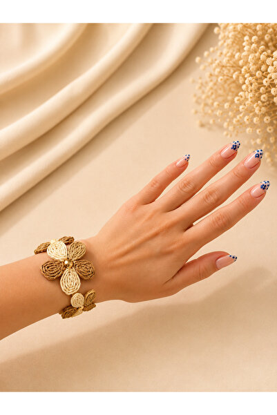 Kumru Studio Bohemian Floral Detailed Wicker Handcuff Bracelet