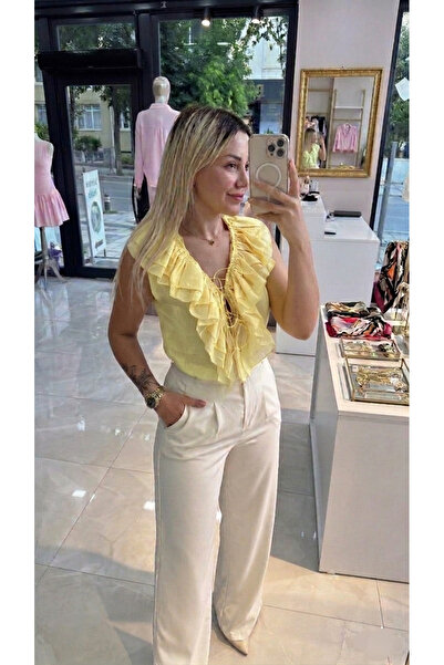 Lovely butik Γυναικεία μπλούζα με βολάν και κορδόνια - Λινή μπλούζα με υφή, κ...