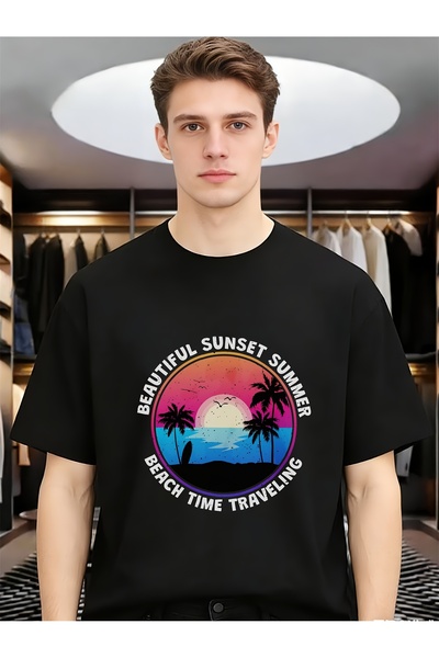 LİNA06 Retro Sunset Beach Palm Tree Spring Summer Men Funny Unique Tees Pure ...