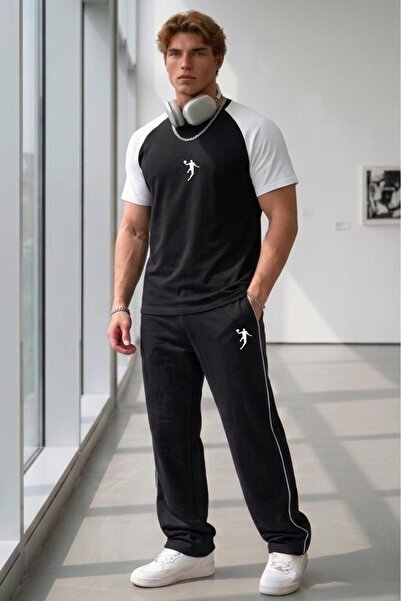 NO 601 Men's Black-White Raglan T-Shirt Black Single-Piped Lisbon Dribble Pri...