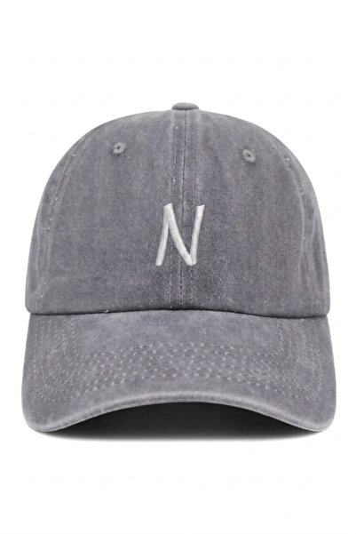 ŞapkaMania Gray Embroidered Washable Vintage Unisex Hat with Letter N