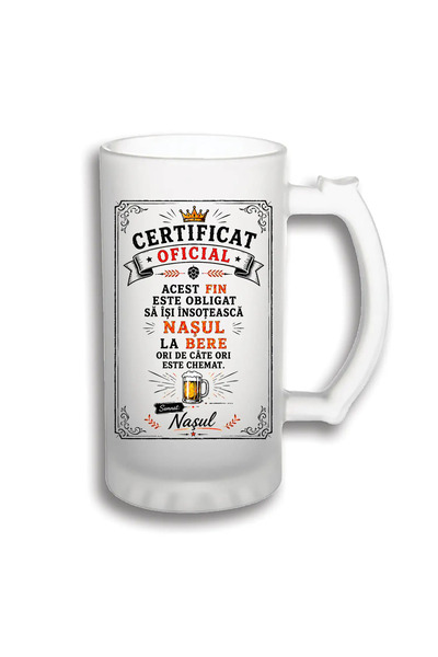 peGiftuiala Halbă Bere Personalizată 500 ml – Certificat Oficial pentru Fin