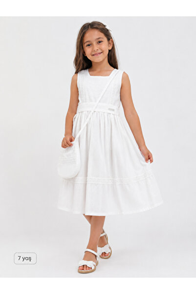 Sibel Günay Butik Girl's White Embroidered Scallop Detailed Dress with Bag - ...