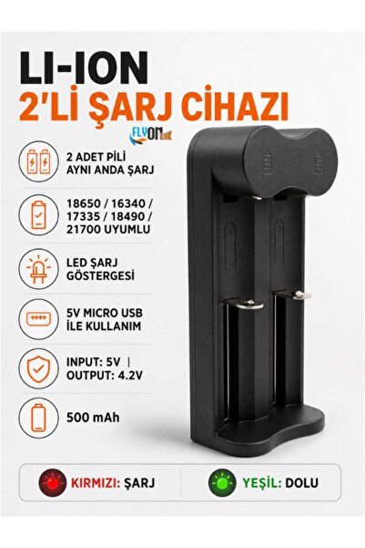 FLYONLOOK LI-ION 2’li Pil Şarj Cihazı 18650 21700 Uyumlu LED Göstergeli Micro...