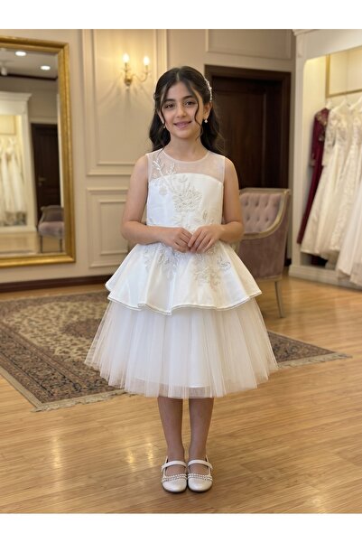Generic Luxurious Girls' Dress with Embossed Floral Embroidery and Soft Tulle...