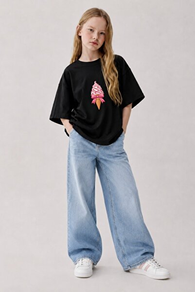 GIA - ART Tricou oversize pentru fete, negru, cu imprimeu Heart Ice Cream – D...