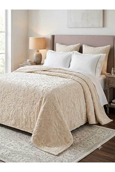 Merinos Elegant Flower-Patterned Beige Double Blanket