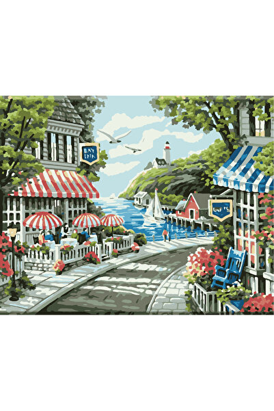 Sayılarla Boyama Kasnaklı Tablo Seti. Fırça Boya Dahil 40x50cm *SAHİL KASABASI-2*