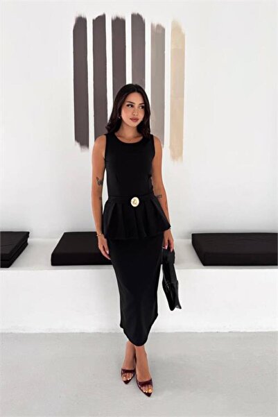 Neşeli Butik γυναικείο μαύρο αμάνικο φόρεμα με κοπή peplum, μήκους midi, με α...