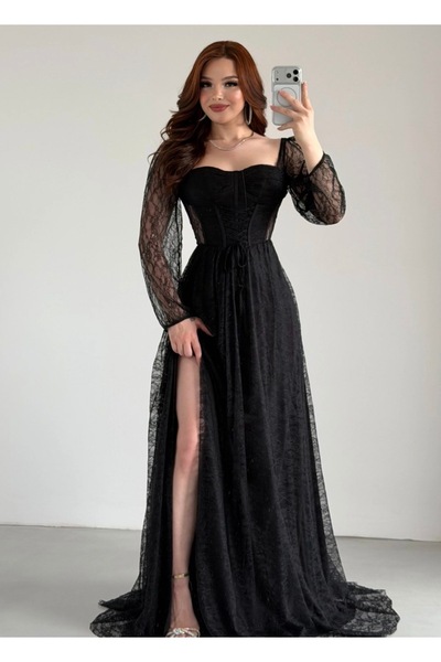 ayşenur Dinçer butik Romance Dantelli Abiye Siyah
