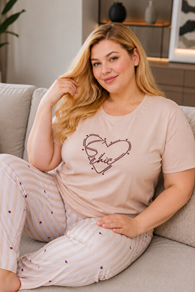 ELİTOL Patterned Milan Knitted Short Sleeve Oversized Women's Pajama Set