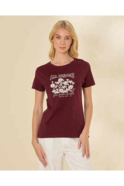 REDTAG Women Burgundy Graphic T-Shirt